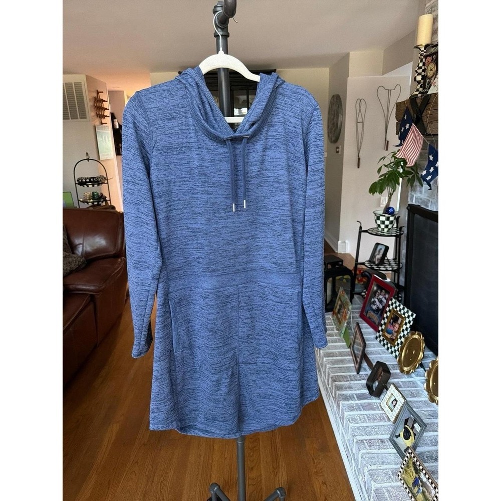 Athleta Techie Sweat Popover Dress in blue heather features a drawstring hood XL